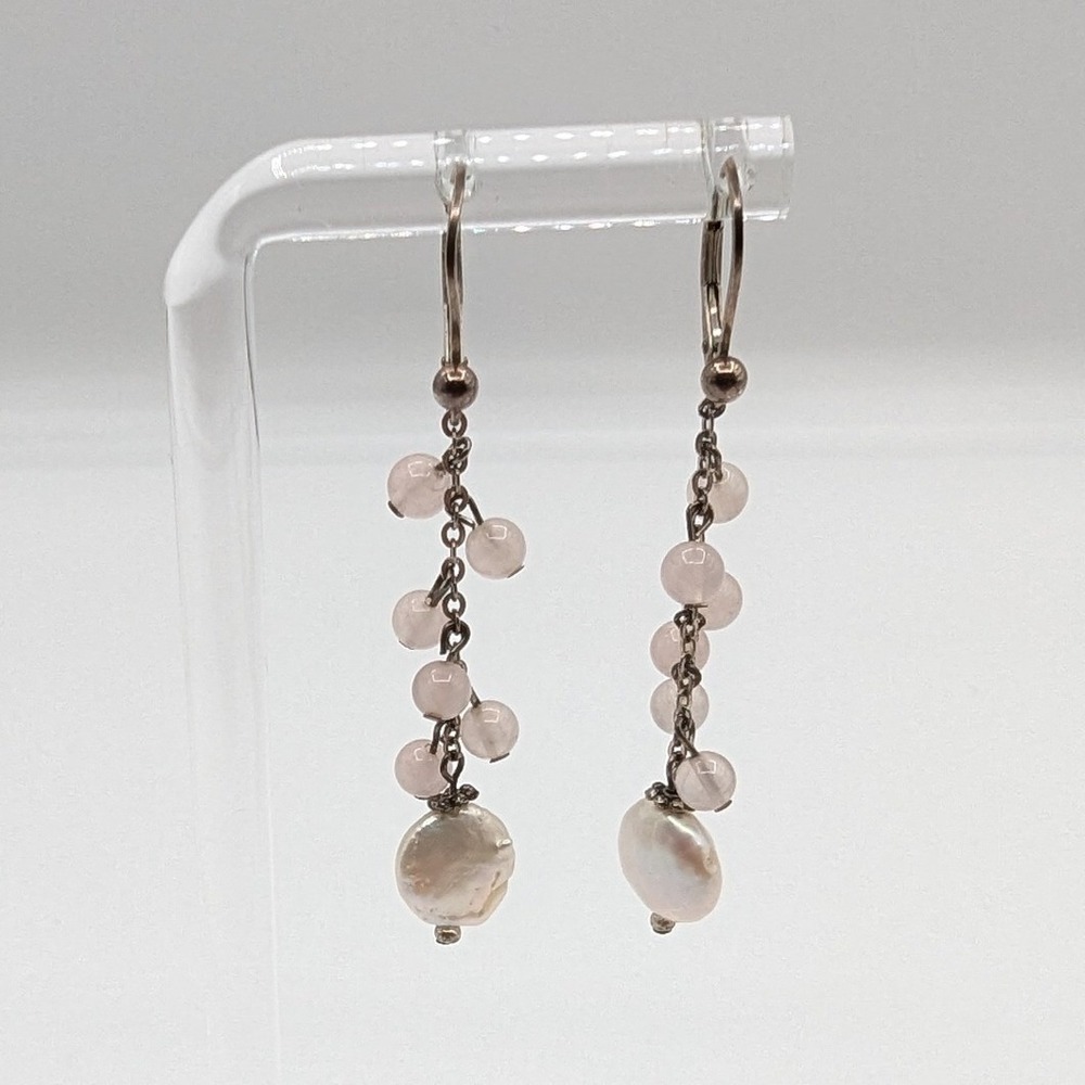 Sterling Silver Rose Quartz and Coin Pearl Cluster Drop Leverback Earrings